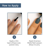 Step-by-step application of Gracious Matte nail lacquer with close-up hand images showing smooth, even matte finish