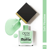 Soft Meadow Green Nail Polish with Smooth Matte Finish and packaging box