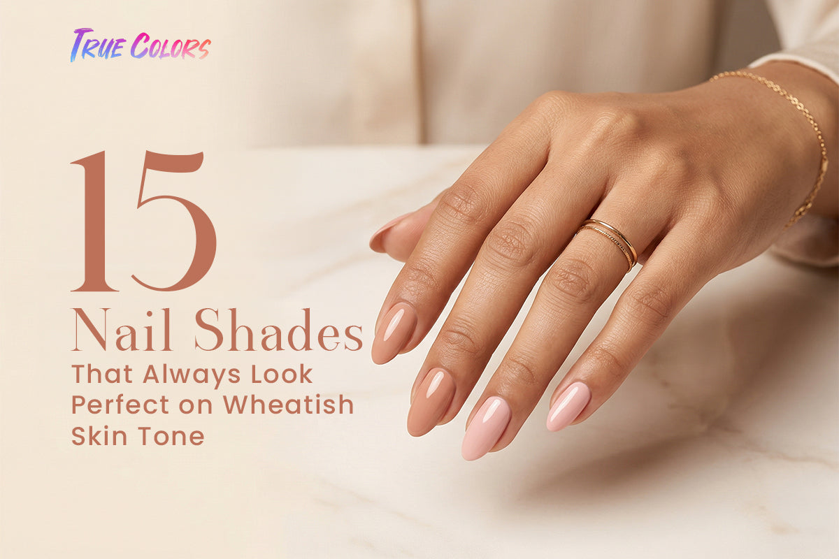 Wheatish skin tone hand model showcasing Desert Blush, Blush Silk, Fiery Red, Mahogany Matte, and Teal Tide nail polish shades for a premium nail look