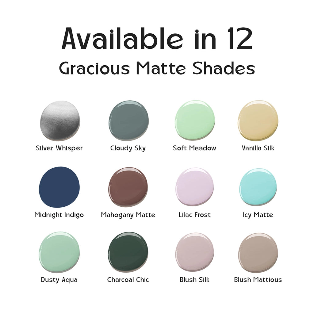 Gracious Matte nail polish color swatches showing 12 shades with names on a clean white background
