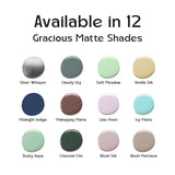 Gracious Matte nail polish color swatches showing 12 shades with names on a clean white background