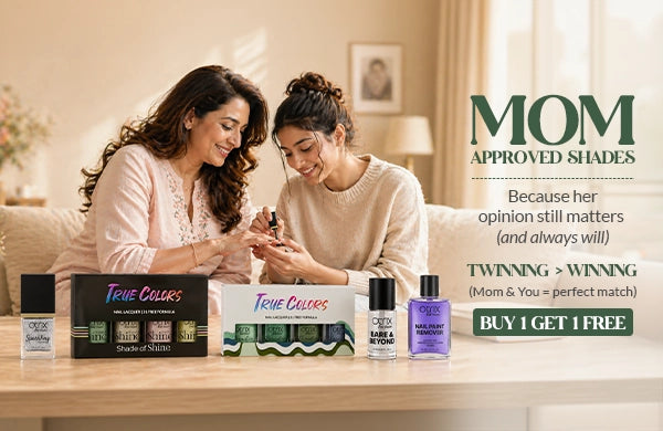 Mobile-friendly Mother’s Day banner featuring True Colors nail polish with a Buy One Get One offer, highlighting vibrant shades in a compact, festive layout.