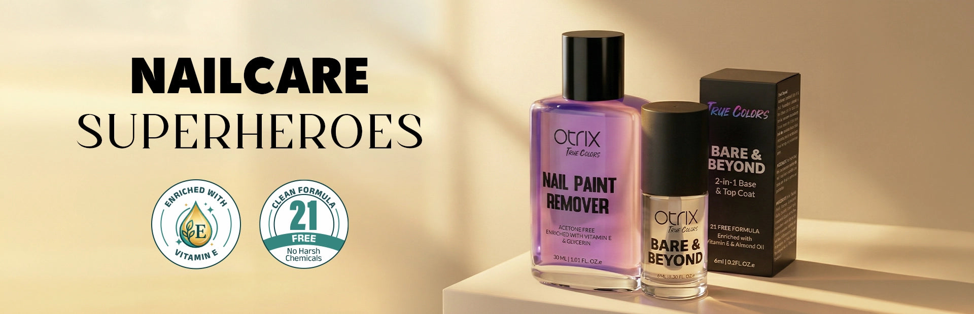 True Colors nail care essentials desktop banner featuring base coat, top coat, and remover for strong, healthy, glossy nails