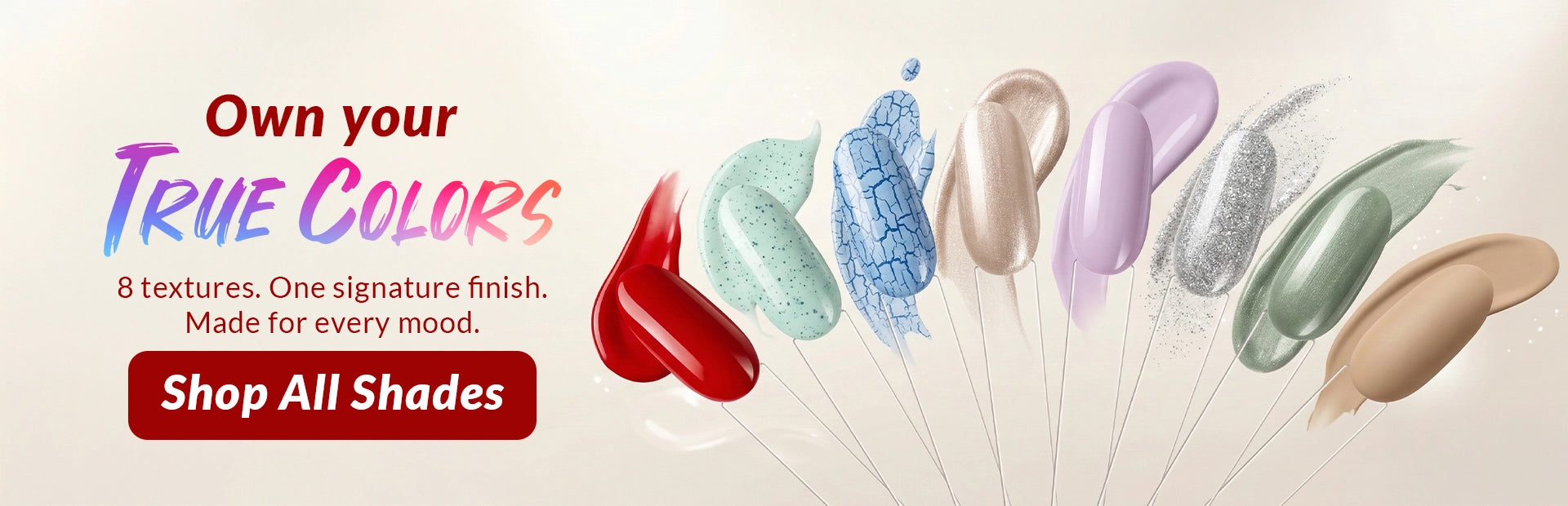 True Colors nail polish homepage banner featuring multiple shade swatches in vibrant colors promoting non-toxic 21-free nail lacquer collection