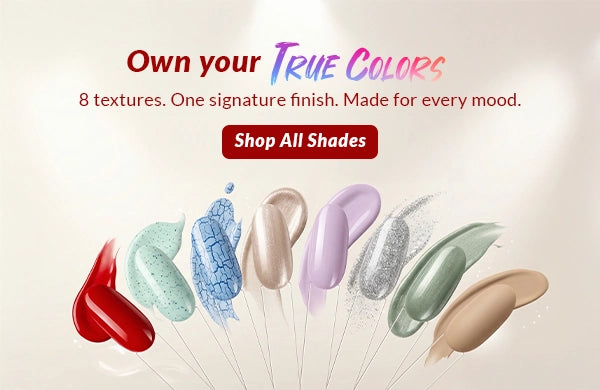 True Colors nail polish mobile banner featuring vibrant color swatches with ‘Own Your True Colors’ and ‘Shop All Shades’ promoting non-toxic 21-free nail lacquer collection