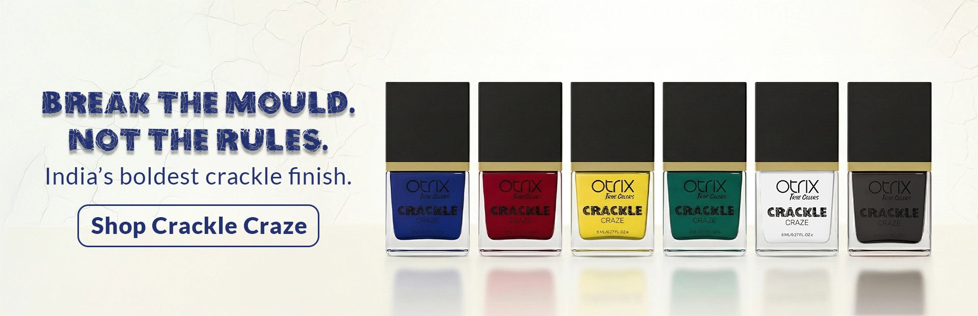 True Colors nail polish homepage banner featuring colorful nail polish bottles with crackle shades highlighting premium non-toxic 21-free nail lacquer collection