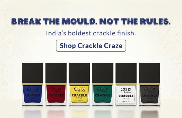 True Colors nail polish mobile banner featuring six Crackle nail polish bottles showcasing textured shades with promotional offer on non-toxic 21-free nail lacquer collection