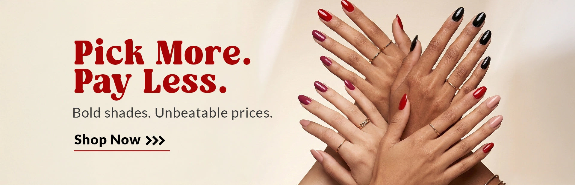 True Colors nail polish homepage banner featuring red glossy nails with ‘Pick More Pay Less’ offer on premium non-toxic nail lacquer