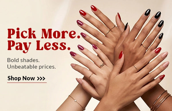 True Colors nail polish mobile banner featuring multiple hands with colorful manicures and jewelry promoting Pick More Pay Less sale on non-toxic 21-free nail lacquer